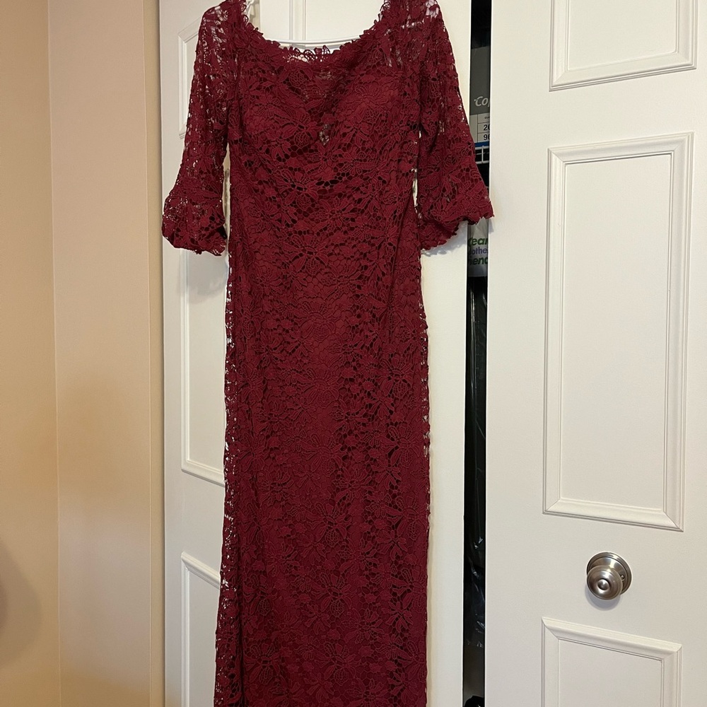 Lace Burgundy Maxi Gown with Sweetheart Neckline and 3/4 Bell Sleeves